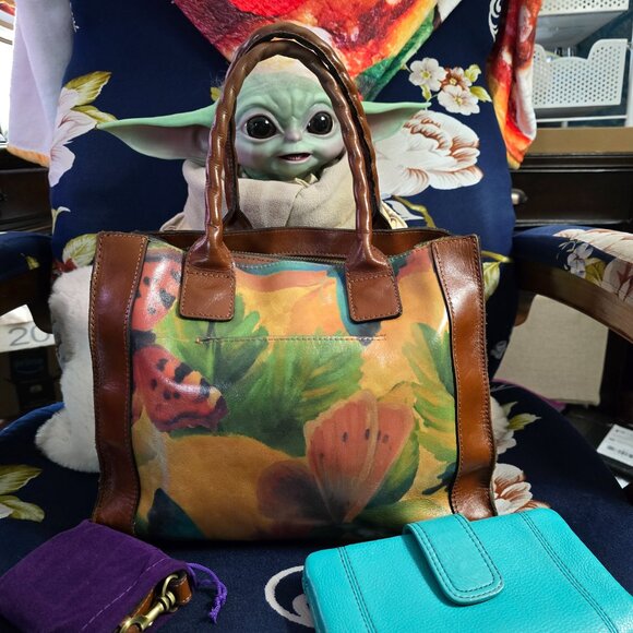 Patricia Nash Italian Leather Watercolor Butterfly Curry Tote & Fossil Wallet - Picture 2 of 16